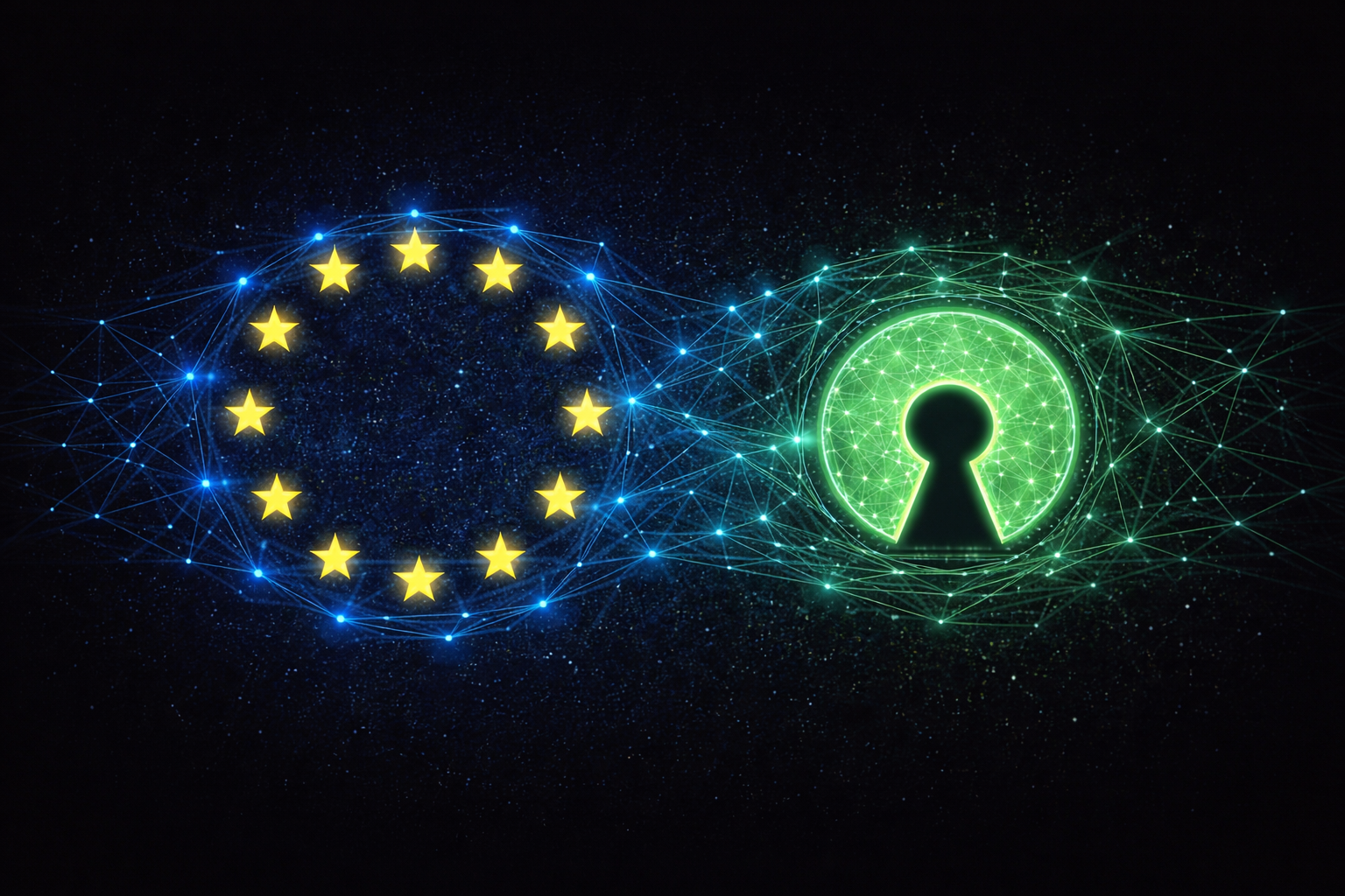 A series of nodes connecting a EU flag and the open source symbol